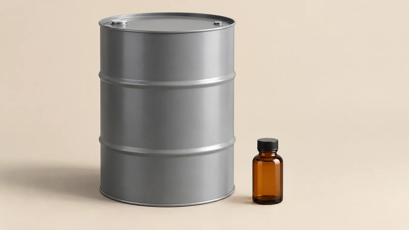 Generic closed grey drum and capped amber sample bottle, without a specification or test result