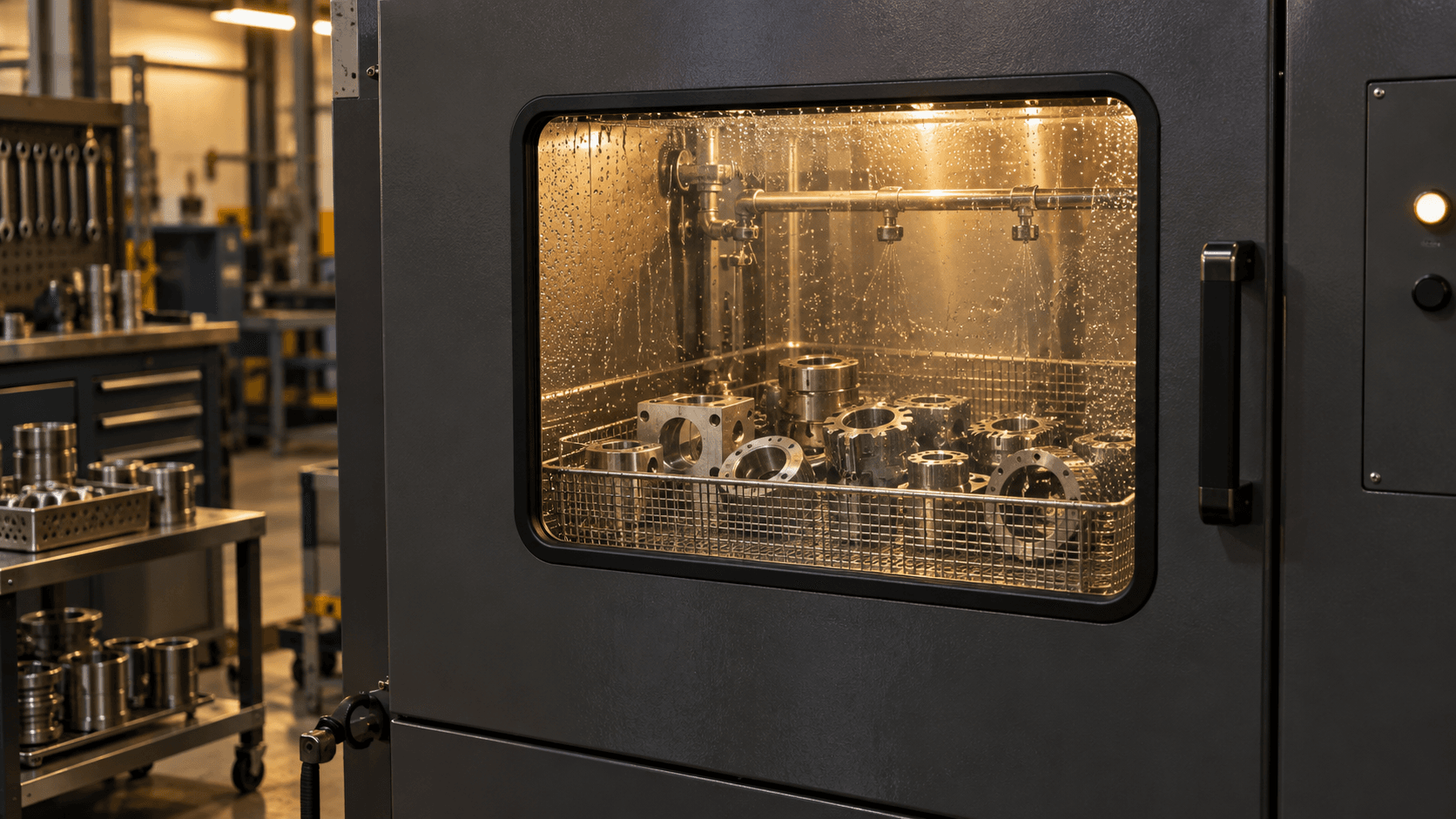 Illustrative enclosed industrial parts washer with metal components visible through its window