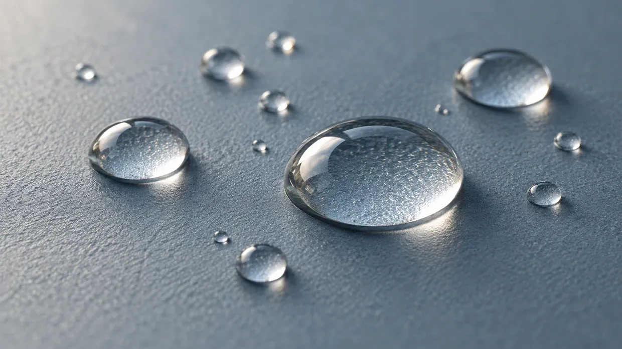 Illustrative clear droplets on an unidentified flat surface; no measured contact angle or water-absorption result.