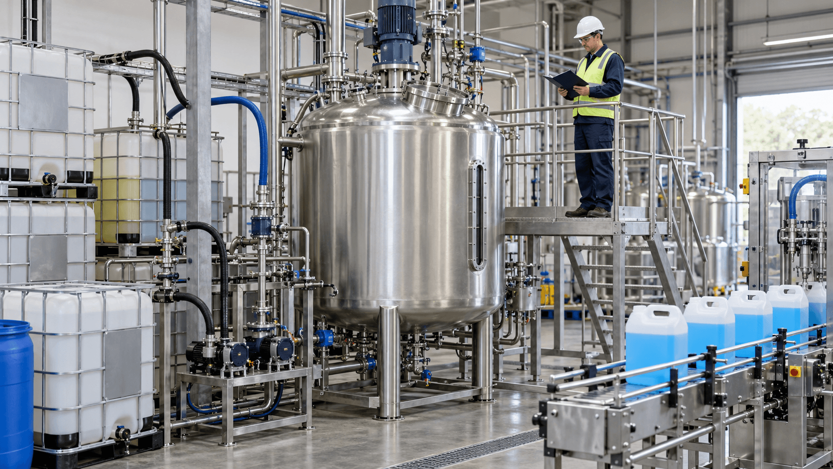 Representative detergent production tank, raw-material containers and filled detergent packs