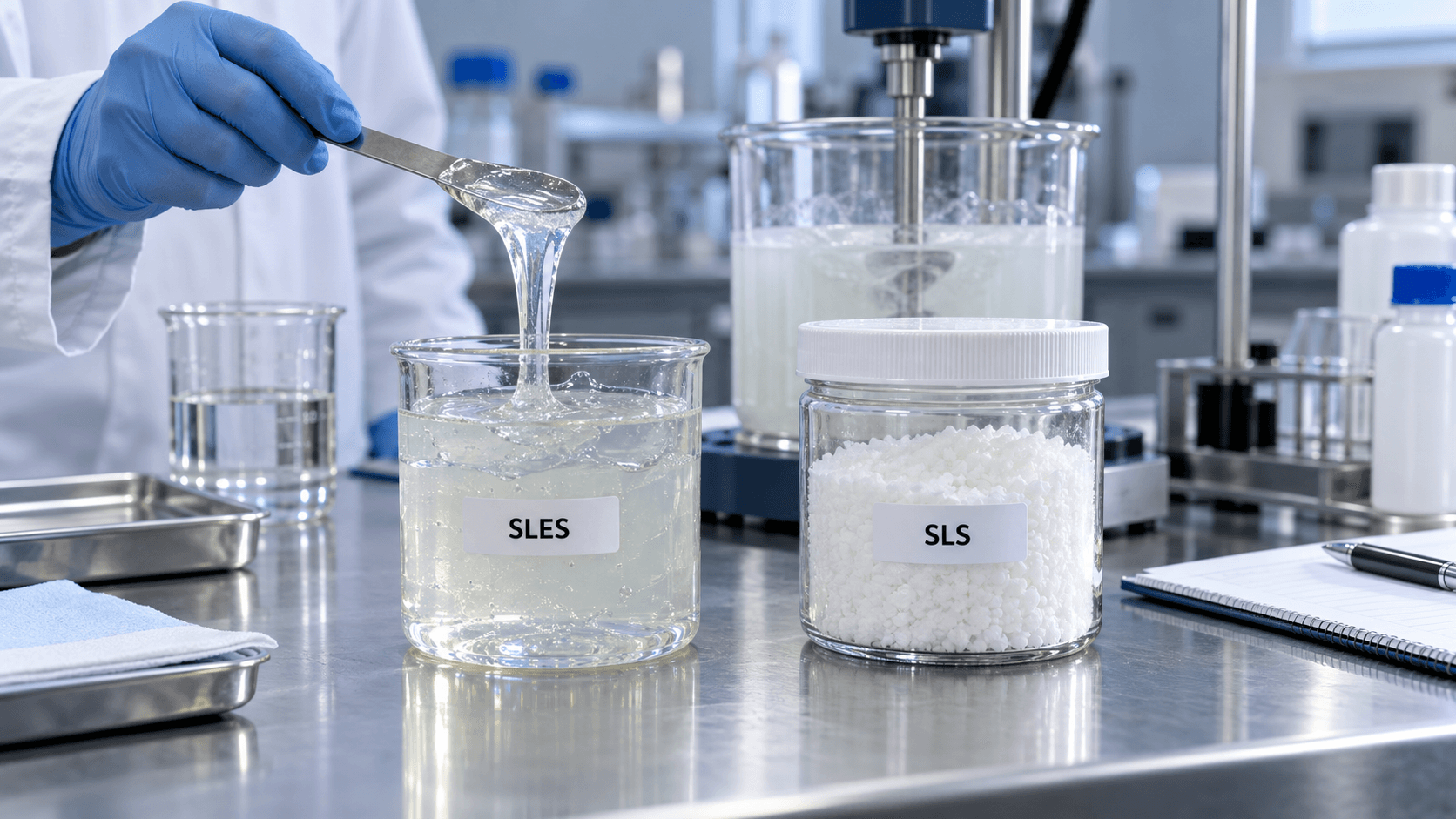 Иллюстрация образцов SLES и SLS в лаборатории рецептур моющих средств