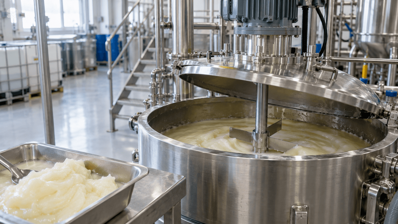 洗涤剂中试混合罐与浅色表面活性剂膏体样品的配方评估示意场景